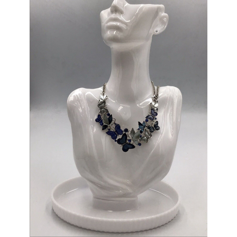 Butterfly Necklace Whimsical Nature Shades Of Blue Enamel Glass Silver Tone